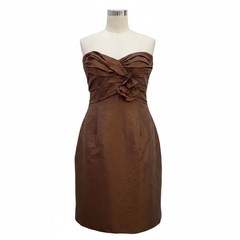 VTG Size 12 Brown Strapless Cocktail Dress Ruched Silky Taffeta Formal Party USA